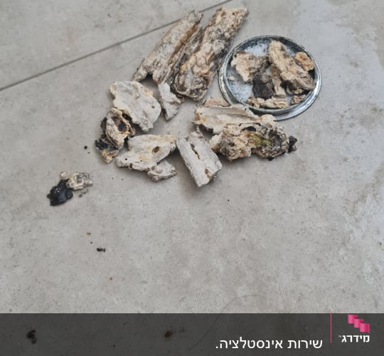 חלקי צינור שבורים על רצפה רטובה